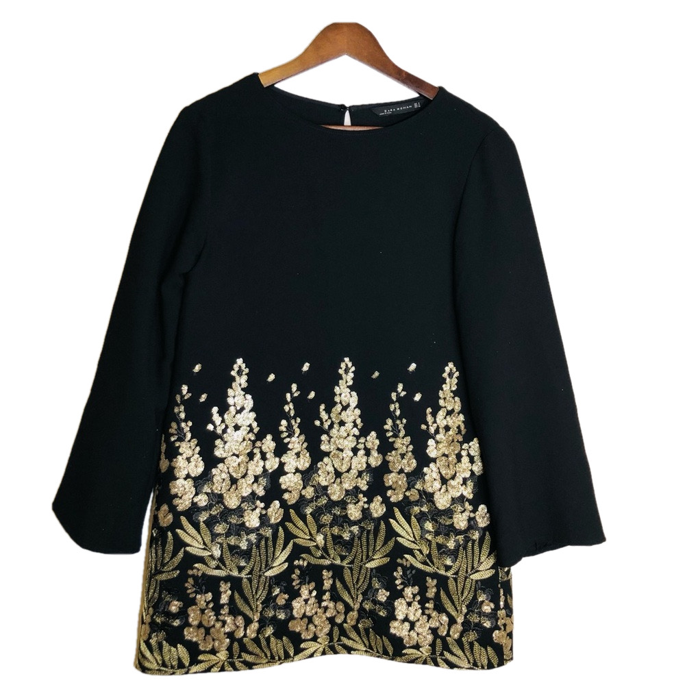ZARA Black Long Sleeve Mini Dress with Gold Embellished Embroidery. Size Small